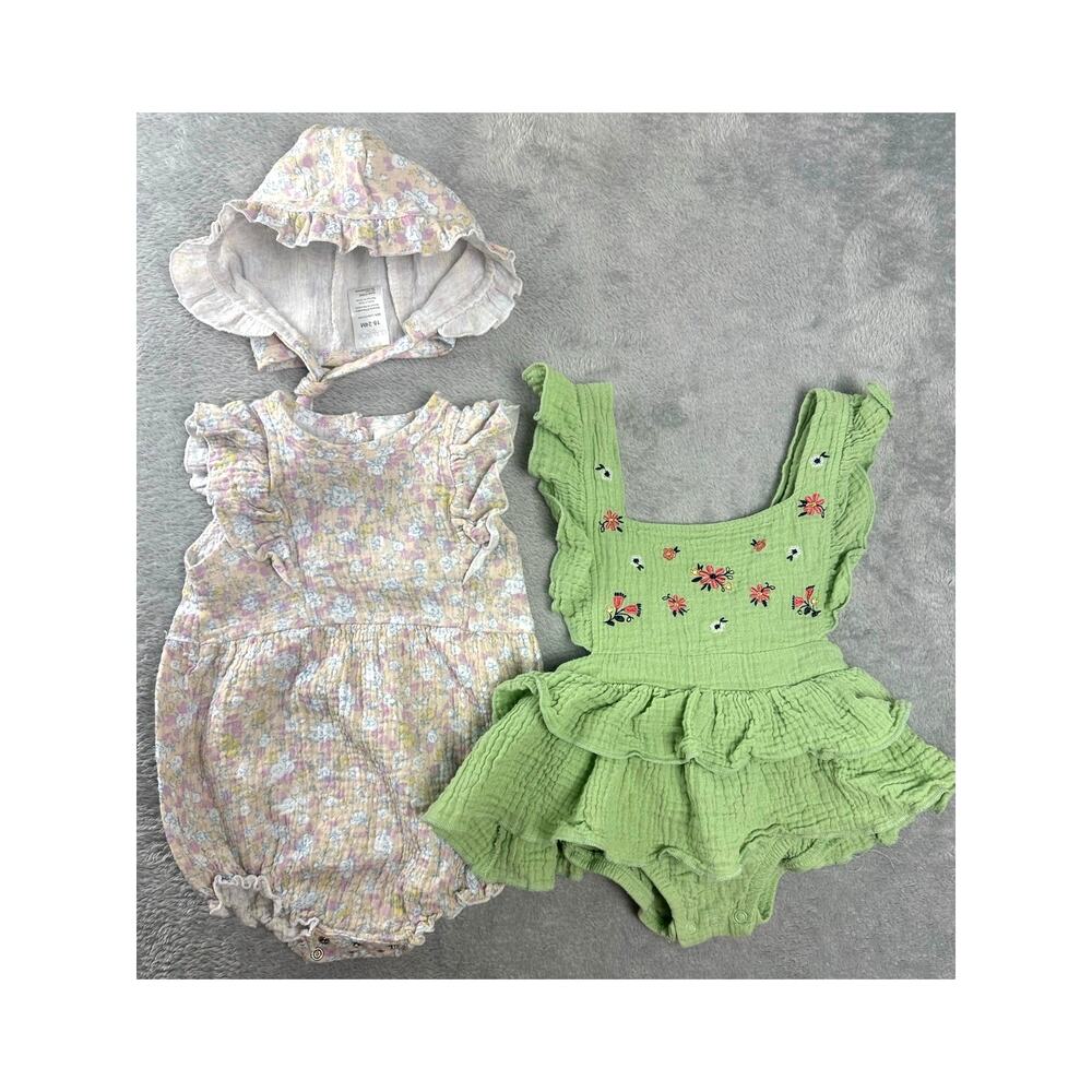 Baby Girls 100% Cotton Floral Romper Set 3 pieces 18 months Bundle Cottage Boho